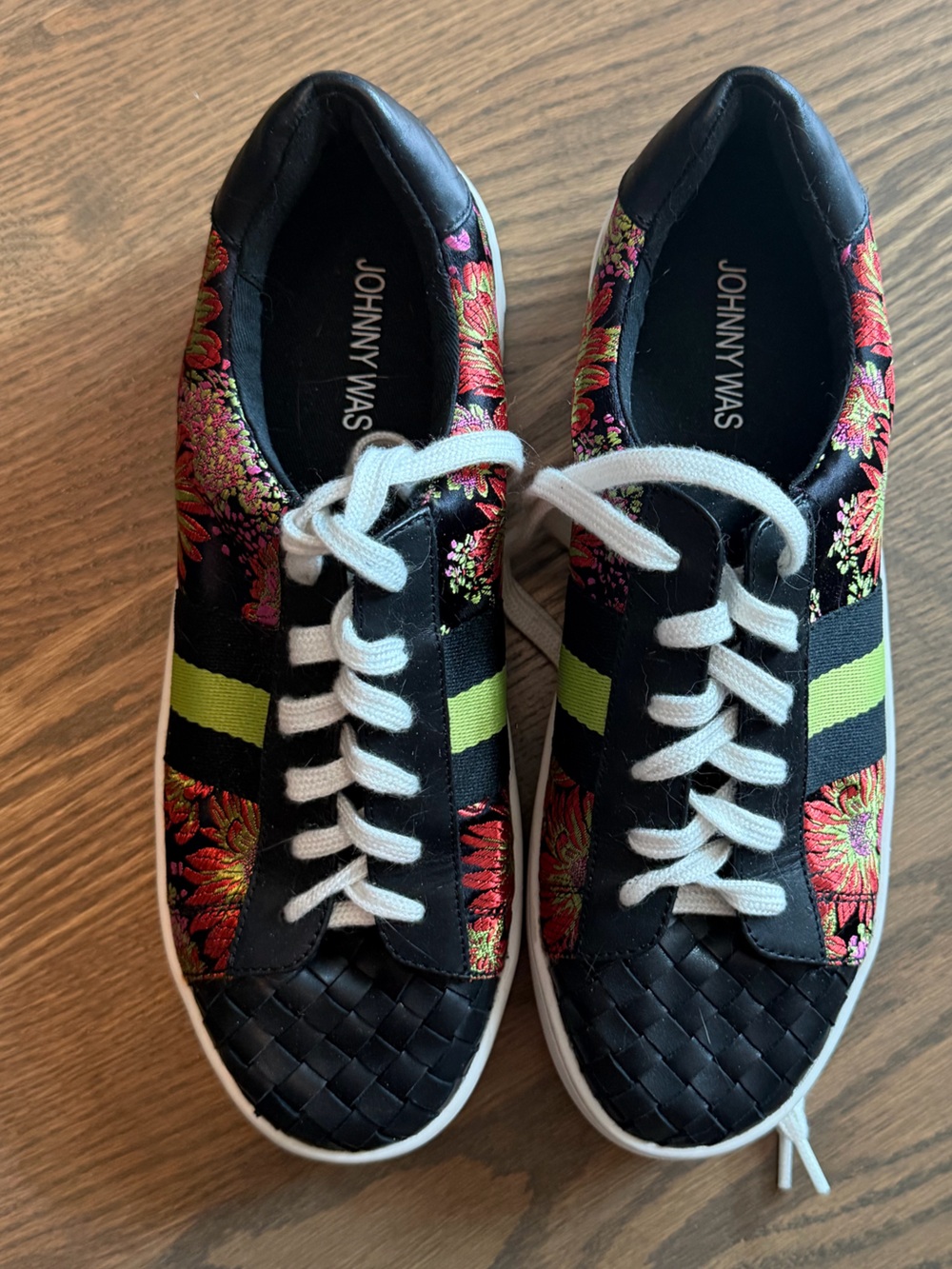 Johnny Was Black Floral Sneakers with Lime Stripe